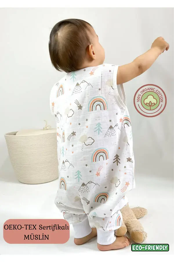 Summer Muslin Sleep Sack, 0.5 Tog Single Layer Baby Sleep Sack, Rainbow Pattern Unisex Baby Sleepsuit - 1