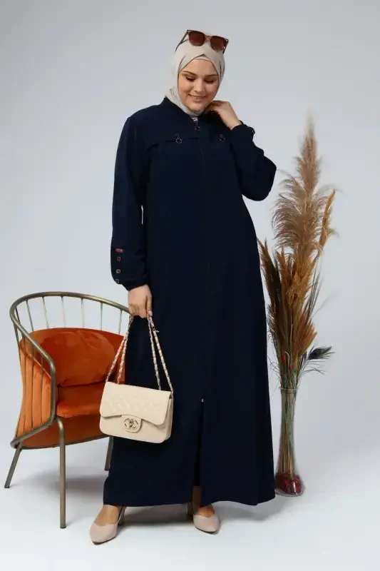 Summer Plus Size Abaya Button Detailed Modest Abaya Long-Navy Blue - 3
