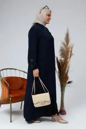 Summer Plus Size Abaya Button Detailed Modest Abaya Long-Navy Blue - 4