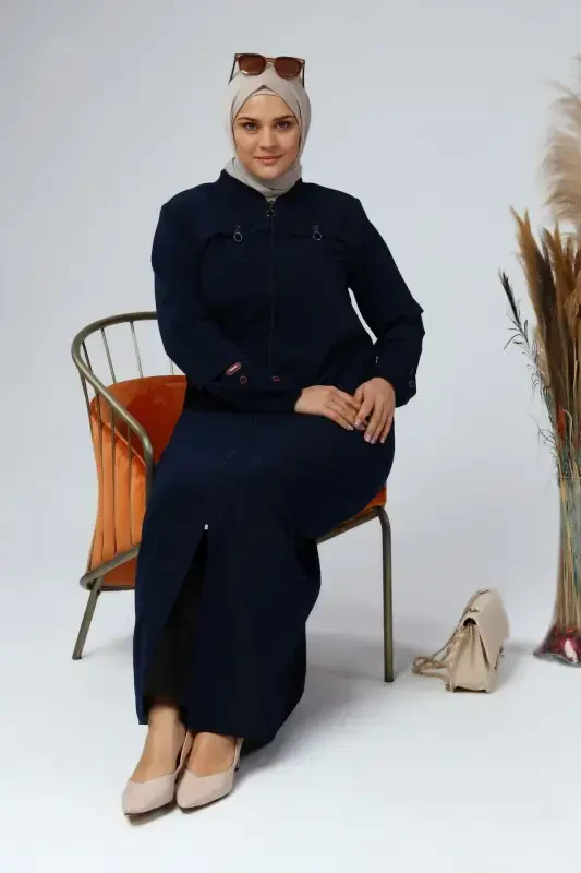 Summer Plus Size Abaya Button Detailed Modest Abaya Long-Navy Blue - 6