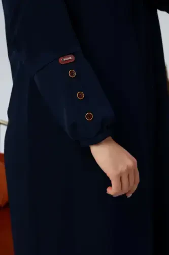 Summer Plus Size Abaya Button Detailed Modest Abaya Long-Navy Blue - 7