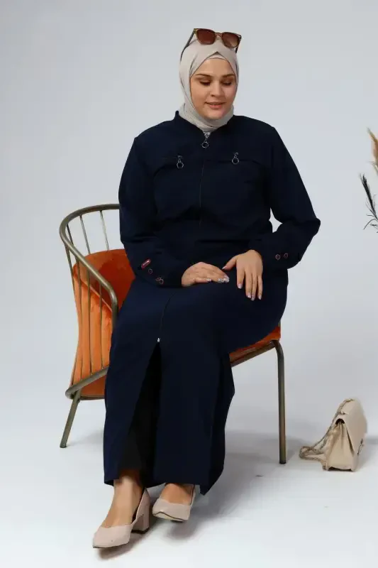 Summer Plus Size Abaya Button Detailed Modest Abaya Long-Navy Blue - 8