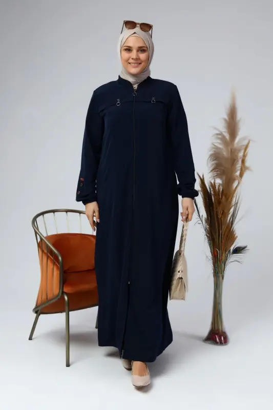 Summer Plus Size Abaya Button Detailed Modest Abaya Long-Navy Blue - FERACE