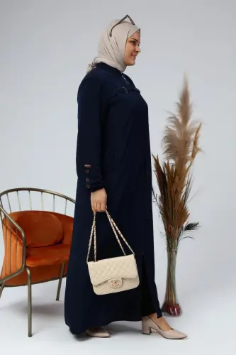 Summer Plus Size Abaya Button Detailed Modest Abaya Long-Navy Blue - 4