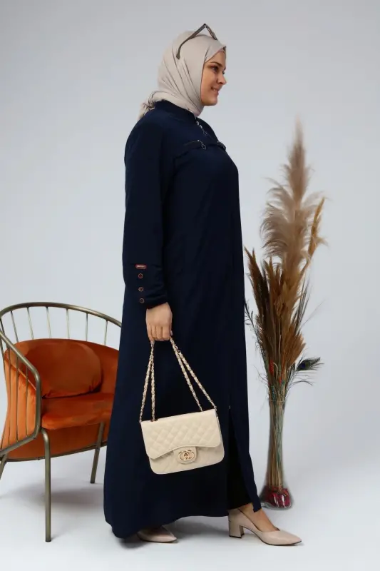 Summer Plus Size Abaya Button Detailed Modest Abaya Long-Navy Blue - 4