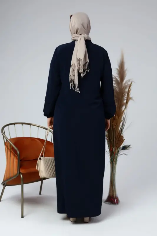 Summer Plus Size Abaya Button Detailed Modest Abaya Long-Navy Blue - 5