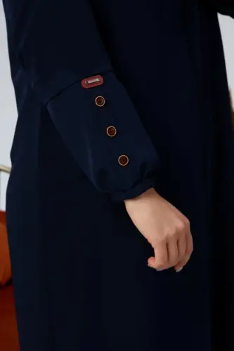 Summer Plus Size Abaya Button Detailed Modest Abaya Long-Navy Blue - 7