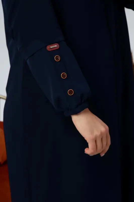 Summer Plus Size Abaya Button Detailed Modest Abaya Long-Navy Blue - 7