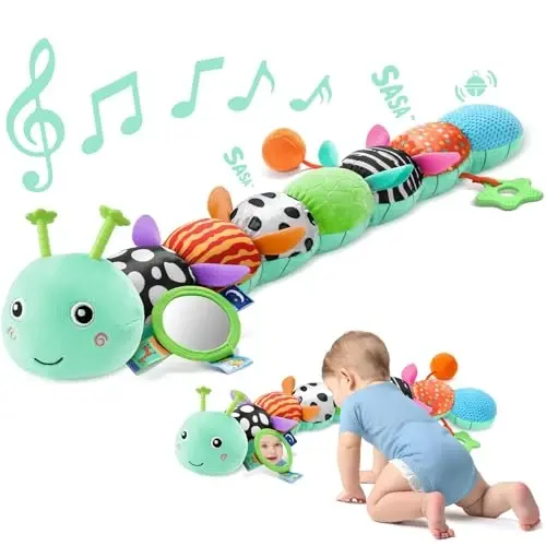 Sumobaby Baby Toys 0-6 6-12 Months, Music Caterpillar Plush Toy with Baby Mirror, Pull String&Crinkle Rattle,Infant Teething Toys,Tummy Time for 0-3-6-12 Month Boys Girls Newborn Gifts (Blue-Leaf) - 1