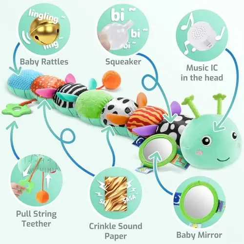 Sumobaby Baby Toys 0-6 6-12 Months, Music Caterpillar Plush Toy with Baby Mirror, Pull String&Crinkle Rattle,Infant Teething Toys,Tummy Time for 0-3-6-12 Month Boys Girls Newborn Gifts (Blue-Leaf) - 3
