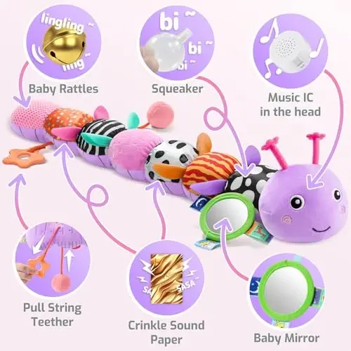 Sumobaby Baby Toys 0-6 6-12 Months, Music Caterpillar Plush Toy with Baby Mirror, Pull String&Crinkle Rattle,Infant Teething Toys,Tummy Time for 0-3-6-12 Month Boys Girls Newborn Gifts (Purple-Leaf) - 3