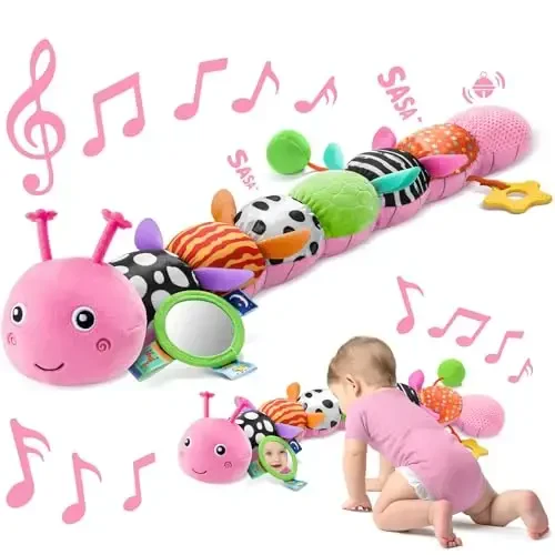 Sumobaby Baby Toys 0-6 6-12 Months,Music Caterpillar Plush Toy with Baby Mirror, Pull String&Crinkle Rattle,Infant Sensory Toys,Tummy Time for 0-3-6-12 Month Boys Girls Newborn Gifts (Pink-Leaf) - 1