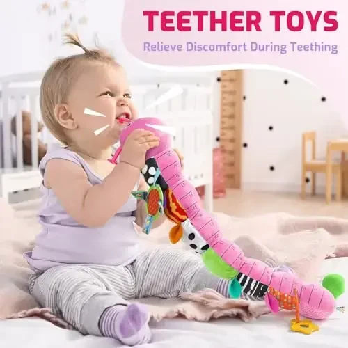 Sumobaby Baby Toys 0-6 6-12 Months,Music Caterpillar Plush Toy with Baby Mirror, Pull String&Crinkle Rattle,Infant Sensory Toys,Tummy Time for 0-3-6-12 Month Boys Girls Newborn Gifts (Pink-Leaf) - 4