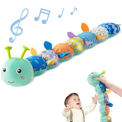 Sumobaby Baby Toys Musical Caterpillar, Stuffed Animal Activity Soft Toys with Teether,Multi-Sensory Crinkle, Rattle and Textures, for Tummy Time Baby Toys 0 to 12 Months Boys,Girls,Caterpillar(Blue) - SUMOBABY
