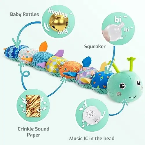 Sumobaby Baby Toys Musical Caterpillar, Stuffed Animal Activity Soft Toys with Teether,Multi-Sensory Crinkle, Rattle and Textures, for Tummy Time Baby Toys 0 to 12 Months Boys,Girls,Caterpillar(Blue) - 3