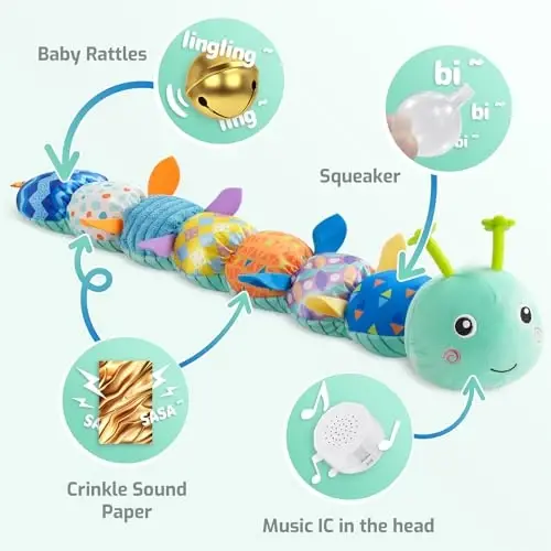 Sumobaby Baby Toys Musical Caterpillar, Tuffed Animal Activity Yumshoq O'yinchoqlar Tishlagich,Multi-Sensorli Crinkle, Rattle va To'qimalar bilan, Qorin vaqti uchun chaqaloq o'yinchoqlari 0 dan 12 Oylik O'g'il bolalar,Qizlar,Caterpillar(Moviy) - 3