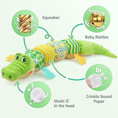 Sumobaby Baby Toys Musical Crocodile, Stuffed Animal Activity Soft Toys with Teether, Multi-Sensory Crinkle, Rattle and Textures, for Tummy Time baby toys 0 to 12 months Boys, Girls, Alligator (Green) - 3