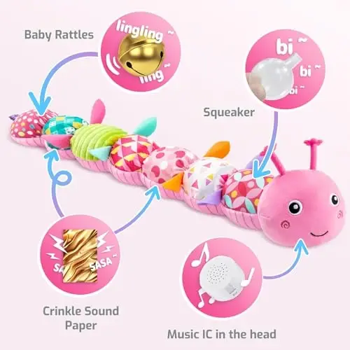 Sumobaby Infant Baby Musical Stuffed Animal Toys for 0-3-6-12 Months,Multi Sensory Toys with Crinkle and Rattles, Tummy Time Toys for Newborn Boys Girls, Caterpillar, Pink - 3