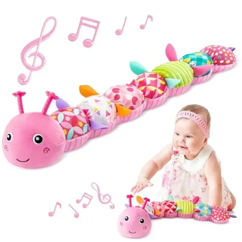 Sumobaby Infant Baby Musical Stuffed Animal Toys for 0-3-6-12 Months,Multi Sensory Toys with Crinkle and Rattles, Tummy Time Toys for Newborn Boys Girls, Caterpillar, Pink 