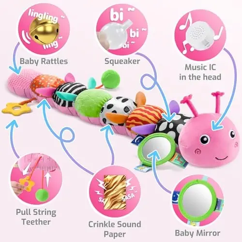 Sumobaby Baby Toys 0-6 6-12 Months,Music Caterpillar Plush Toy with Baby Mirror, Pull String&Crinkle Rattle,Infant Sensory Toys,Tummy Time for 0-3-6-12 Month Boys Girls Newborn Gifts (Pink-Leaf) - 3