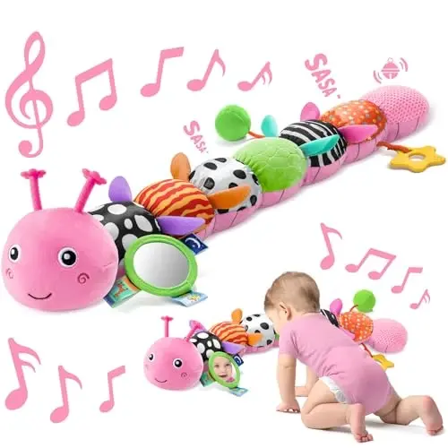 Sumobaby Baby Toys 0-6 6-12 Months,Music Caterpillar Plush Toy with Baby Mirror, Pull String&Crinkle Rattle,Infant Sensory Toys,Tummy Time for 0-3-6-12 Month Boys Girls Newborn Gifts (Pink-Leaf) 