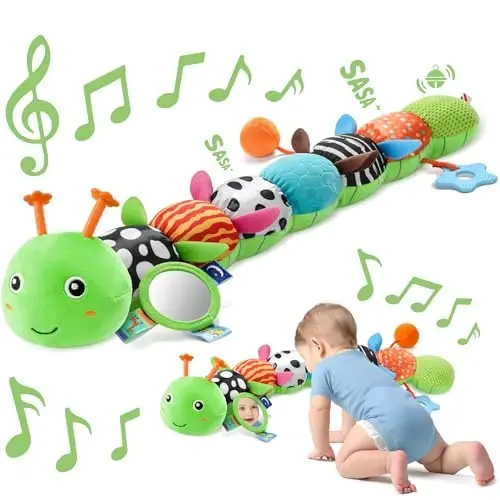 Sumobaby Baby Toys 0-6 6-12 Months, Music Caterpillar Plush Toy with Baby Mirror, Pull String&Crinkle Rattle,Infant Teething Toys,Tummy Time for 0-3-6-12 Month Boys Girls Newborn Gifts (Green-Leaf) - 1