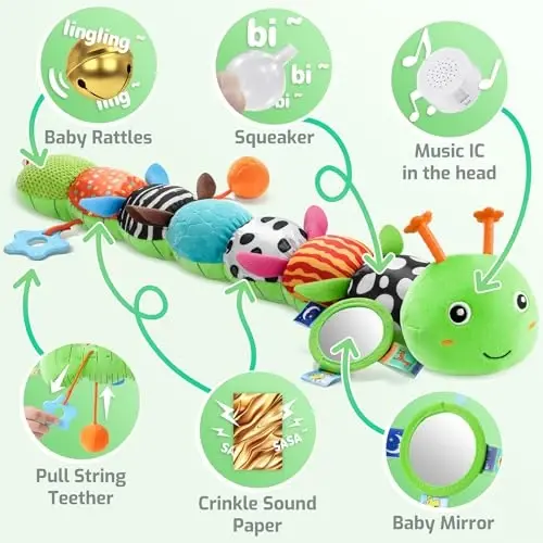 Sumobaby Baby Toys 0-6 6-12 Months, Music Caterpillar Plush Toy with Baby Mirror, Pull String&Crinkle Rattle,Infant Teething Toys,Tummy Time for 0-3-6-12 Month Boys Girls Newborn Gifts (Green-Leaf) - 3