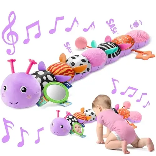 Sumobaby Игрушки для малышей 0-6 6-12 месяцев, музыкальная плюшевая гусеница с зеркальцем, погремушка, игрушки для прорезывания зубов, для развития навыков лежа на животике, подарок новорожденным мальчикам и девочкам (Фиолетовый-лист) - SUMOBABY