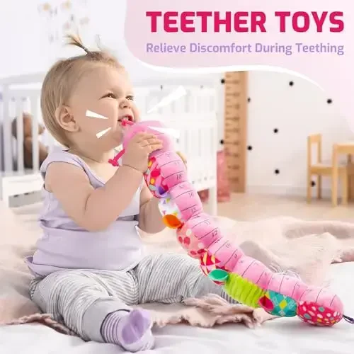 Sumobaby Infant Baby Musical Stuffed Animal Toys for 0-3-6-12 Months,Multi Sensory Toys with Crinkle and Rattles, Tummy Time Toys for Newborn Boys Girls, Caterpillar, Pink - 4