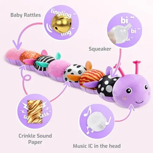 Sumobaby Infant Baby Musical Stuffed Animal Toys for 0-3-6-12 Months,Multi Sensory Toys with Crinkle and Rattles, Tummy Time Toys for Newborn Boys Girls, Caterpillar, Purple - 3