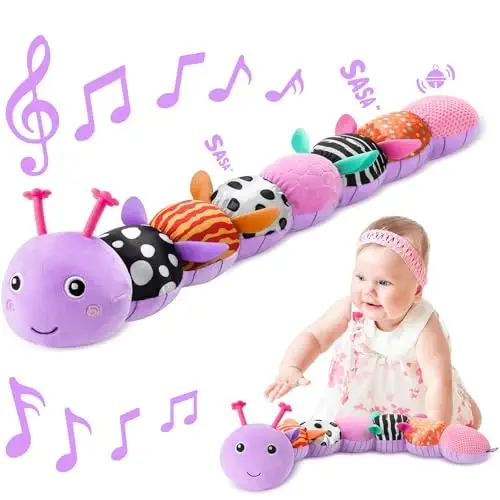 Sumobaby Infant Baby Musical Stuffed Animal Toys for 0-3-6-12 Months,Multi Sensory Toys with Crinkle and Rattles, Tummy Time Toys for Newborn Boys Girls, Caterpillar, Purple - 1