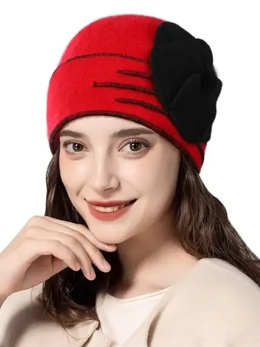 Sumolux ayollar uchun jun bosh suyagi shapka beret gulli manjetli fransuzcha vintage ko'ylak klassik qishki 1920-yillar kloshi - SUMOLUX
