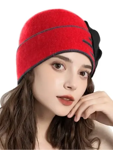 Sumolux ayollar uchun jun bosh suyagi shapka beret gulli manjetli fransuzcha vintage ko'ylak klassik qishki 1920-yillar kloshi - 3
