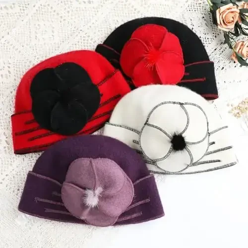 Sumolux ayollar uchun jun bosh suyagi shapka beret gulli manjetli fransuzcha vintage ko'ylak klassik qishki 1920-yillar kloshi - 7