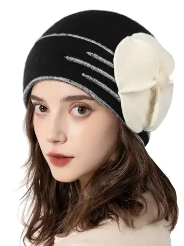 Sumolux Ayollar uchun jun shapkalar Bosh suyagi Beret Gul манжетли Frantsuz Vintage libos Cloche Klassik qish 1920-yillar - SUMOLUX (1)