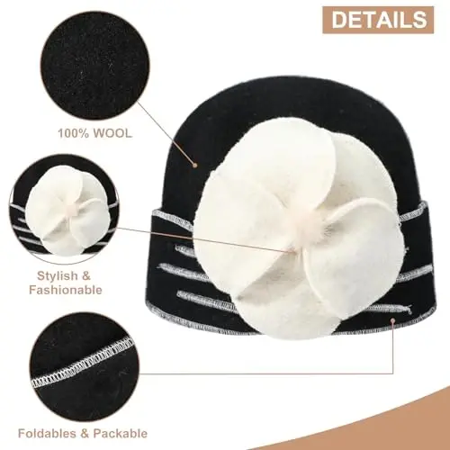 Sumolux Ayollar uchun jun shapkalar Bosh suyagi Beret Gul манжетли Frantsuz Vintage libos Cloche Klassik qish 1920-yillar - 4