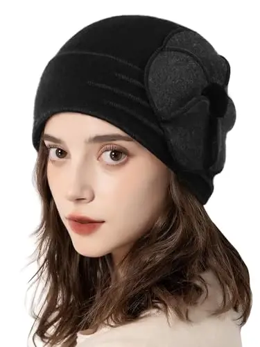 Sumolux Beanie Ayollar uchun jun bosh suyagi shapkasi Bere gul manjetli frantsuzcha vintage ko'ylak Klosh klassik qish 1920-yillar - 2