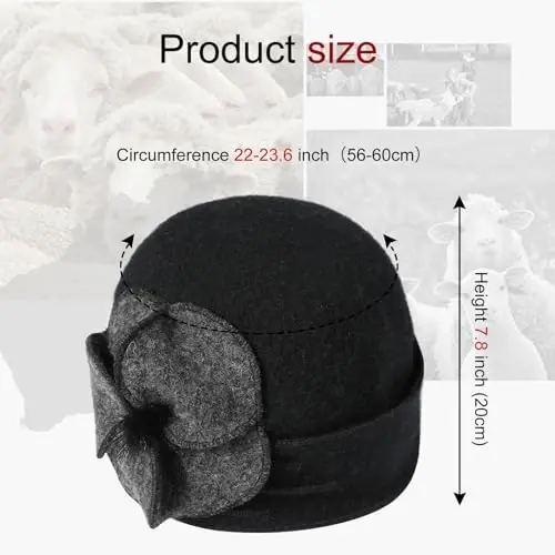 Sumolux Beanie Ayollar uchun jun bosh suyagi shapkasi Bere gul manjetli frantsuzcha vintage ko'ylak Klosh klassik qish 1920-yillar - 5
