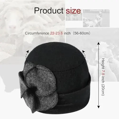 Sumolux Beanie Ayollar uchun jun bosh suyagi shapkasi Bere gul manjetli frantsuzcha vintage ko'ylak Klosh klassik qish 1920-yillar - 5