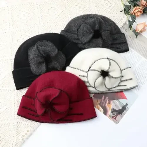Sumolux Beanie Ayollar uchun jun bosh suyagi shapkasi Bere gul manjetli frantsuzcha vintage ko'ylak Klosh klassik qish 1920-yillar - 7