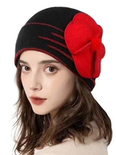 Sumolux Beanie Ayollar uchun Shlyapalar Jun Bosh suyagi Beret Gul manjetli Frantsuz Vintage Libos Cloche Klassik Qish 1920-yillar - 2