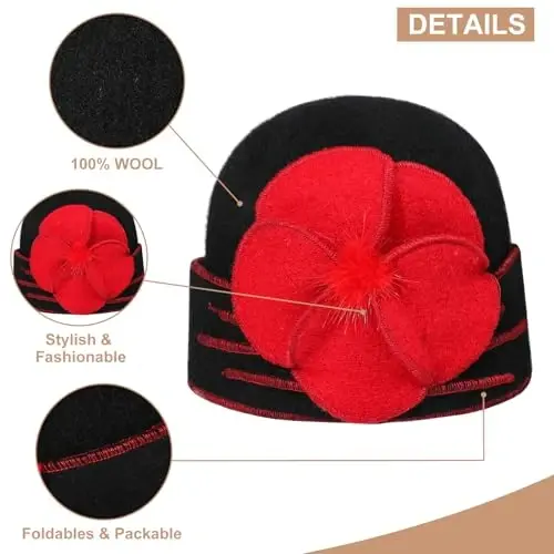 Sumolux Beanie Ayollar uchun Shlyapalar Jun Bosh suyagi Beret Gul manjetli Frantsuz Vintage Libos Cloche Klassik Qish 1920-yillar - 4