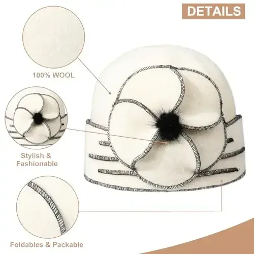 Sumolux Beanie Hats for Women Wool Skull Cap Beret Floral Cuffed French Vintage Dress Cloche Classic Winter 1920s - 4