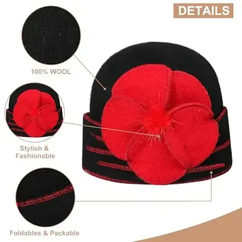 Sumolux Beanie Hats for Women Wool Skull Cap Beret Floral Cuffed French Vintage Dress Cloche Classic Winter 1920s - 4