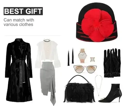 Sumolux Beanie Hats for Women Wool Skull Cap Beret Floral Cuffed French Vintage Dress Cloche Classic Winter 1920s - 6