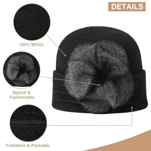 Sumolux Beanie Hats for Women Wool Skull Cap Beret Floral Cuffed French Vintage Dress Cloche Classic Winter 1920s - 4