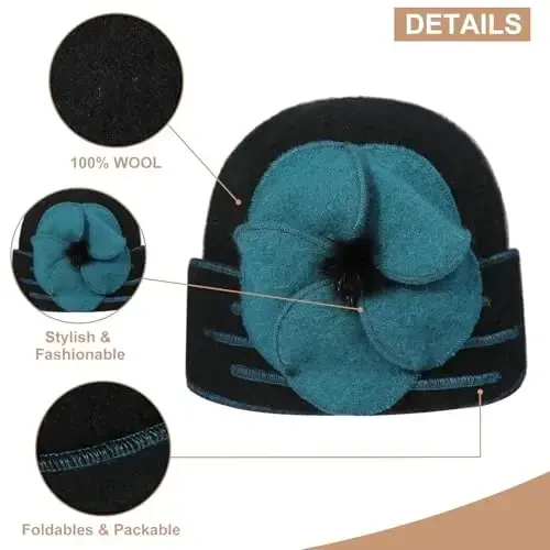 Sumolux Beanie Hats for Women Wool Skull Cap Beret Floral Cuffed French Vintage Dress Cloche Classic Winter 1920s - 4