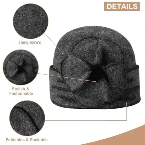 Sumolux Beanie Hats for Women Wool Skull Cap Beret Floral Cuffed French Vintage Dress Cloche Classic Winter 1920s - 4