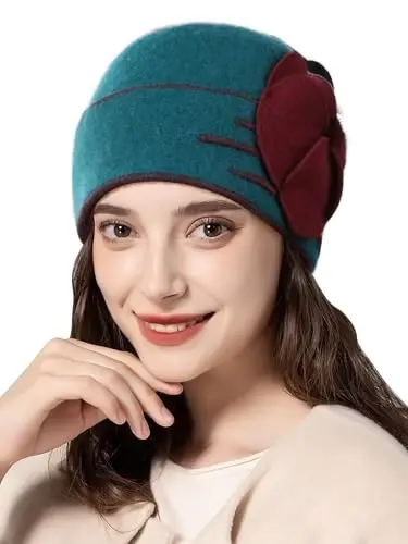 Sumolux Beanie Hats for Women Wool Skull Cap Beret Floral Cuffed French Vintage Dress Cloche Classic Winter 1920s - 1