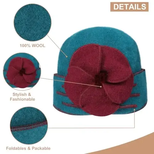 Sumolux Beanie Hats for Women Wool Skull Cap Beret Floral Cuffed French Vintage Dress Cloche Classic Winter 1920s - 4